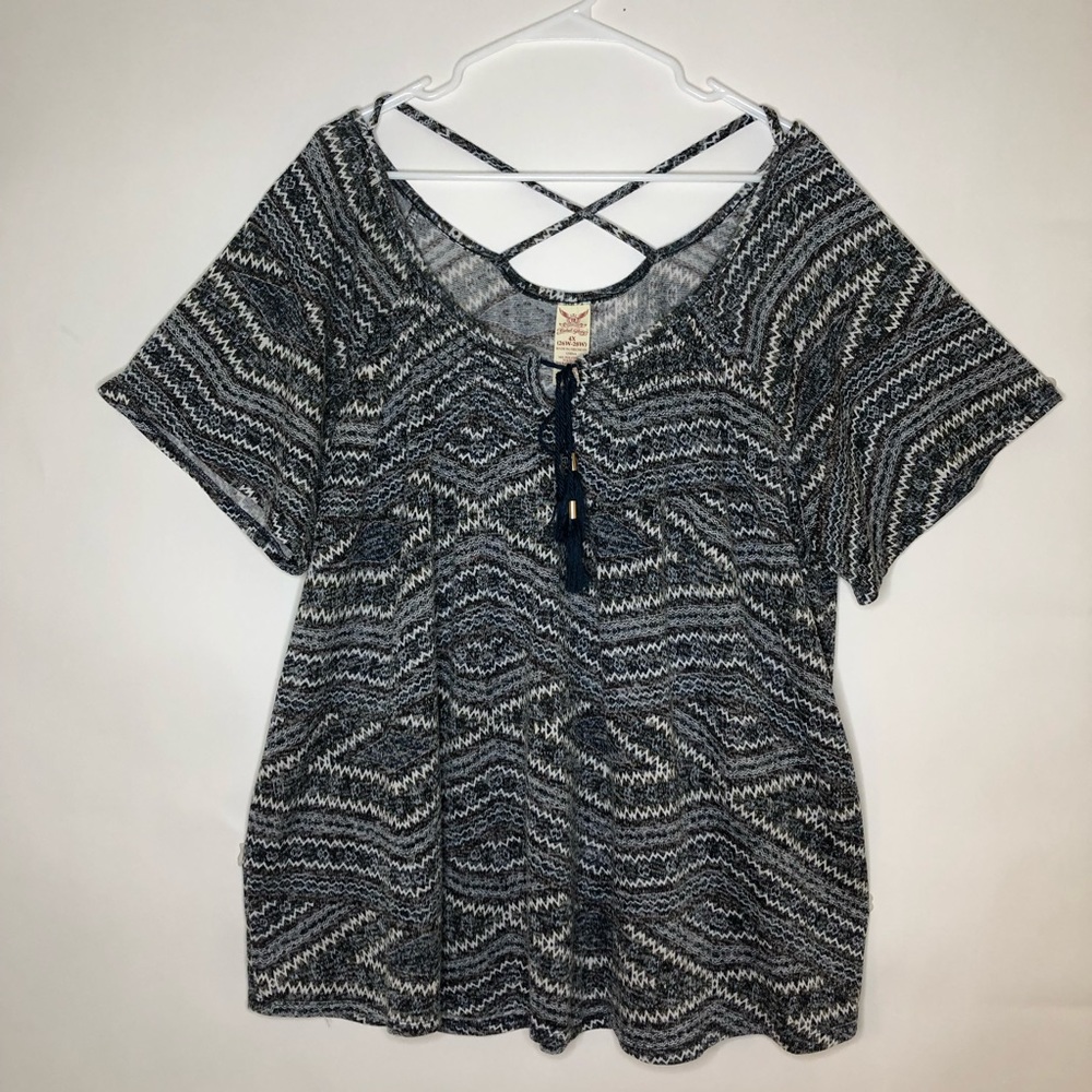 FADED GLORY short sleeve gray, black, blue, and white blouse. 4X